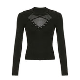 Long sleeve cross front hollow out fishnet patchwork cut out top