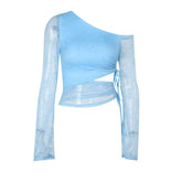 One shoulder drawstring self tie lace top