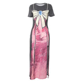 Short sleeve body print high slit maxi dress