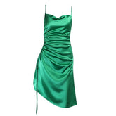 Cowl neck slit satin ruched midi dress