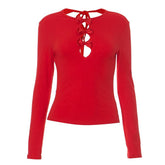 Bowknot long sleeve crewneck hollow out self tie cut out top
