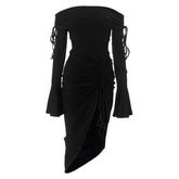 Flared sleeve off shoulder slit ruched self tie midi dress