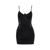 V neck lace ruched backless cami mini dress