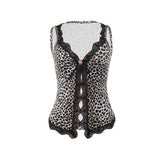 Leopard print lace hem hollow out v neck cut out top