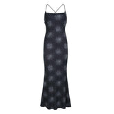 Print cross back backless cami maxi dress