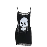 Skull print lace hem cami mini dress