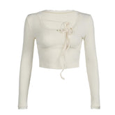 U neck long sleeve lace hem self tie crop top