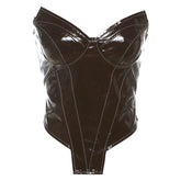 Brown zip-up PU leather backless tube top
