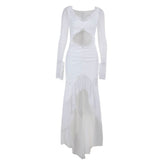 Hollow out long sleeve ruched ruffle mesh cut out maxi dress
