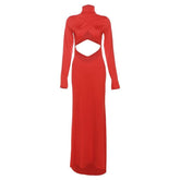 Hollow out solid long sleeve high neck zip-up cut out maxi dress-final-sale