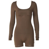 Long sleeve u neck lace up backless solid romper-final-sale