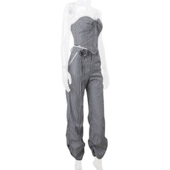 Ruched striped zip-up lace hem medium rise pant