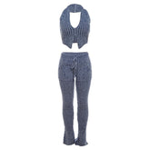 Textured striped contrast halter slit pocket v neck pant set
