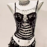 Hollow out metal chain skull applique o ring cami cut out top