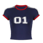 Short sleeve stitch numeral print top