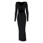 Long sleeve padded ruched flower applique hollow out cut out midi dress