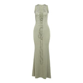 Deep v neck lace up solid tank maxi dress-final-sale