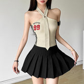 Halter button �9�pattern contrast backless crop top