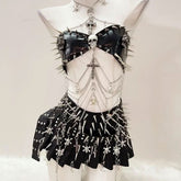 Skull rivet applique PU leather pleated top
