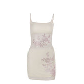 U neck beaded flower pattern mesh cami mini skirt set