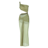 One shoulder ruched hollow out mesh cut out maxi dress