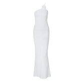 Flower applique one shoulder textured slit cami maxi dress