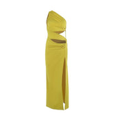Irregular hollow out slit ruched one shoulder cut out mini dress