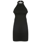 Sleeveless solid halter hollow out backless button cut out mini dress