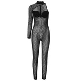 Long sleeve one shoulder lace see through solid high neck zip-up jumpsuit-final-sale