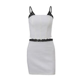 Square neck lace patchwork zip-up backless contrast mini skirt set-final-sale