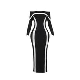 Long sleeve off shoulder contrast backless maxi dress