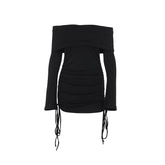 Long flared sleeve off shoulder drawstring mini dress