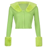 Button fluffy turnover collar knitted long sleeve cardigan top