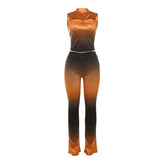 Sleeveless gradient crewneck ruched hollow out pant set