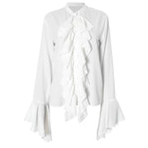 Long flared sleeve ruched ruffle button solid top-final-sale