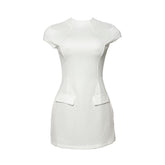 Cap sleeve crewneck stitch solid mini dress