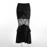 Velvet lace patchwork ruched ruffle maxi skirt