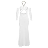 Halter o ring hollow out gloves metal chain mesh cut out maxi dress
