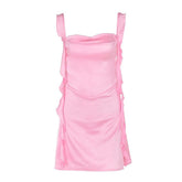 Cowl neck ruffle satin ruched cami mini dress