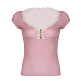 Short sleeve lace hem striped print button top