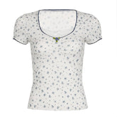 Short sleeve patchwork flower applique print top