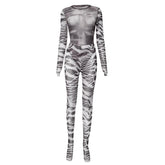 Gloves contrast print long sleeve sheer mesh see through bodysuit pant set-final-sale