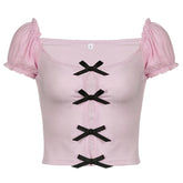 Short puff sleeve hollow out bowknot cut out top