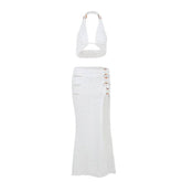 Halter hollow out slit self tie irregular cut out midi skirt set