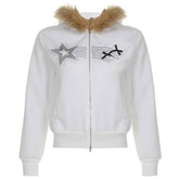 Zip-up beaded fluffy hoodie bowknot long sleeve top