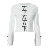 Long sleeve slit hollow out bowknot textured cut out top-final-sale