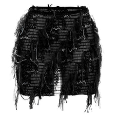 Tassels hollow out see through contrast cut out mini skirt