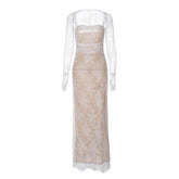Long sleeve lace zip-up ruched shrug cami maxi dress-final-sale
