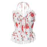 Halter lace hem print ruffle button top