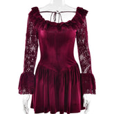 Long sleeve lace velvet self tie mini dress
